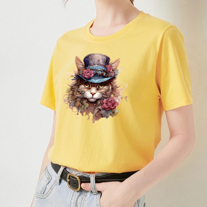 Кошка в шляпе, утюг на заплатках, нашивка с цветком и животным, теплопередача, наклейки для одежды «сделай сам», Parches Ropa, гладильная наклейка