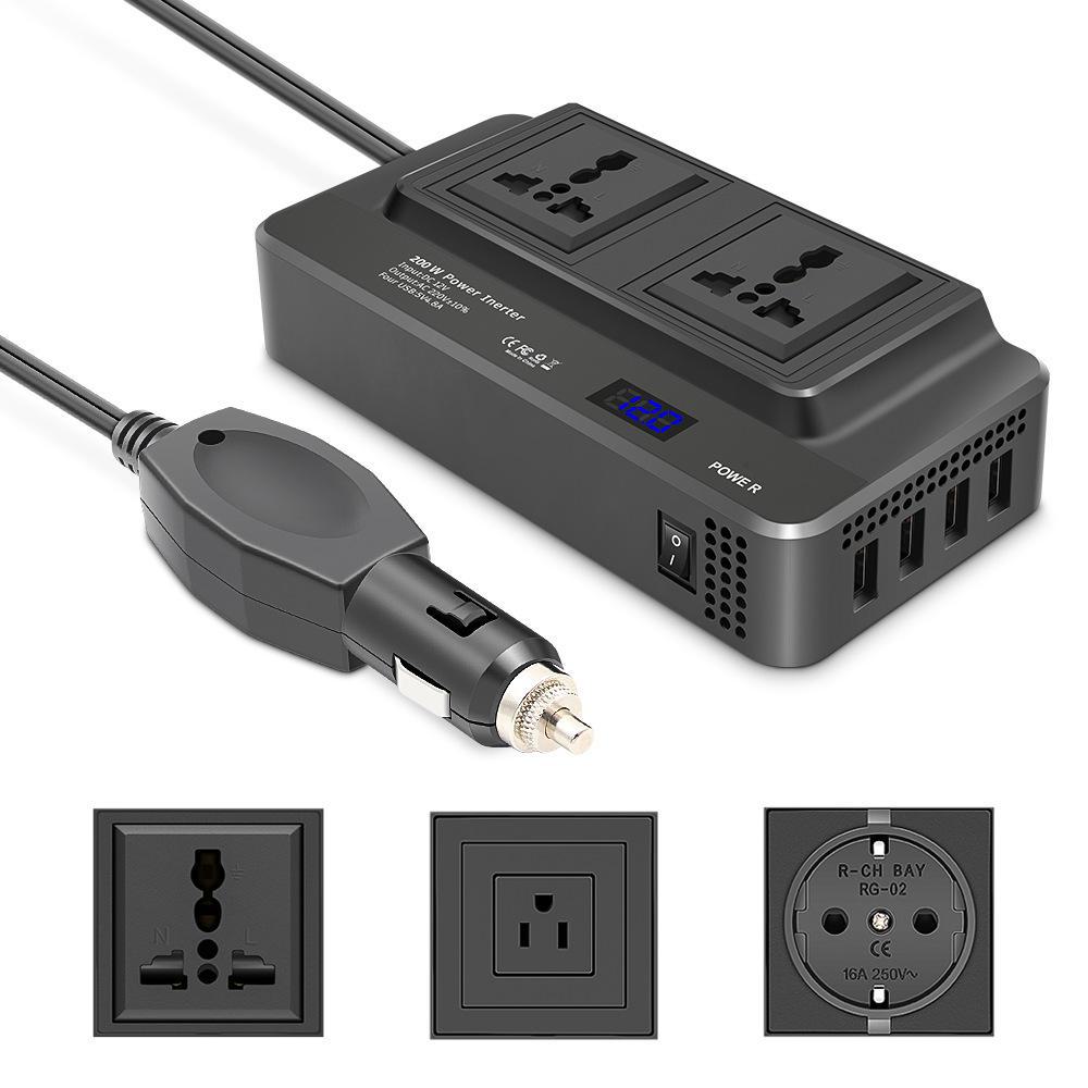 200W 12V Car Power Inverter with 2 Sockets & 4 USB Ports for Mobile Charging