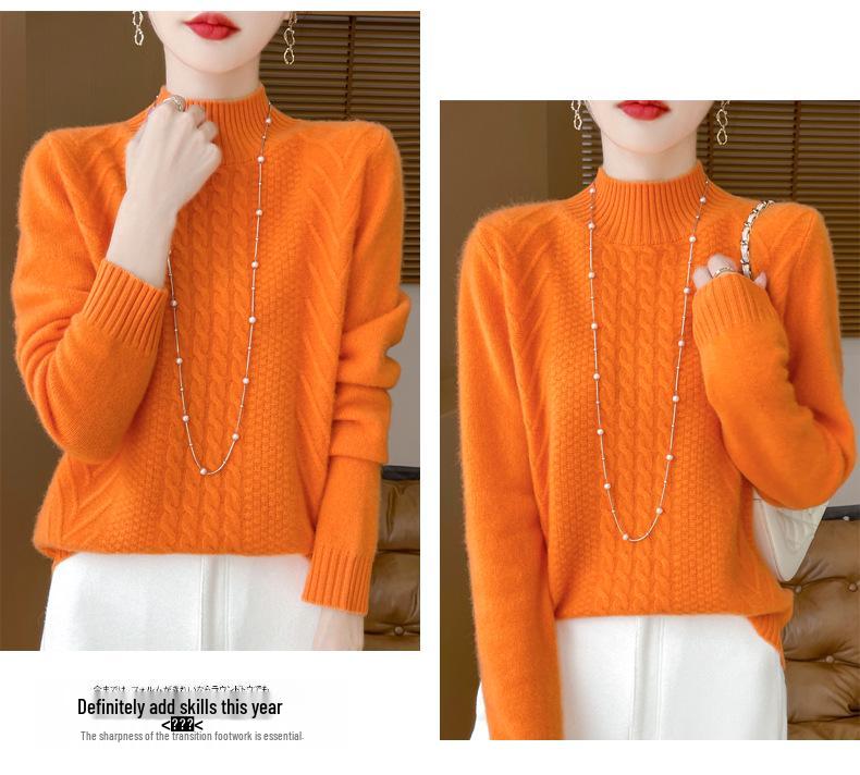 Women's Age-Reducing Loose Pure Wool Sweater, Half-High Collar, Thickened Knit Top for Autumn/Winter.