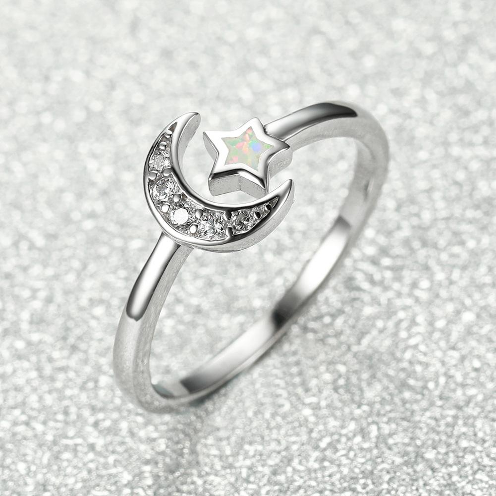 Fashionable White Star Micro Inlaid White Diamond Moon Opening Womens Versatile Ring