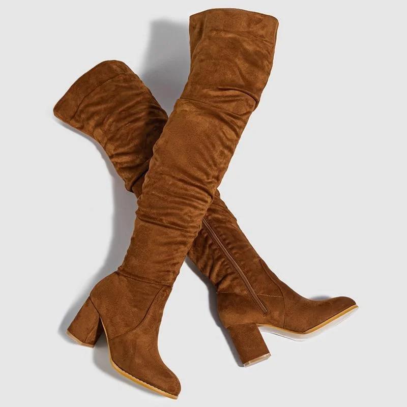 Women Flocks High Thick Heel Long Boots Lady Over The Knee Side Zipper Winter Boots Female Ruffle Office Fashion Boots