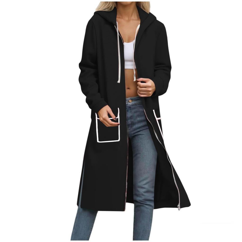 Women's Solid Color Fashionable Loose Zipper Long Cardigan Hooded Sweatshirt Jacket