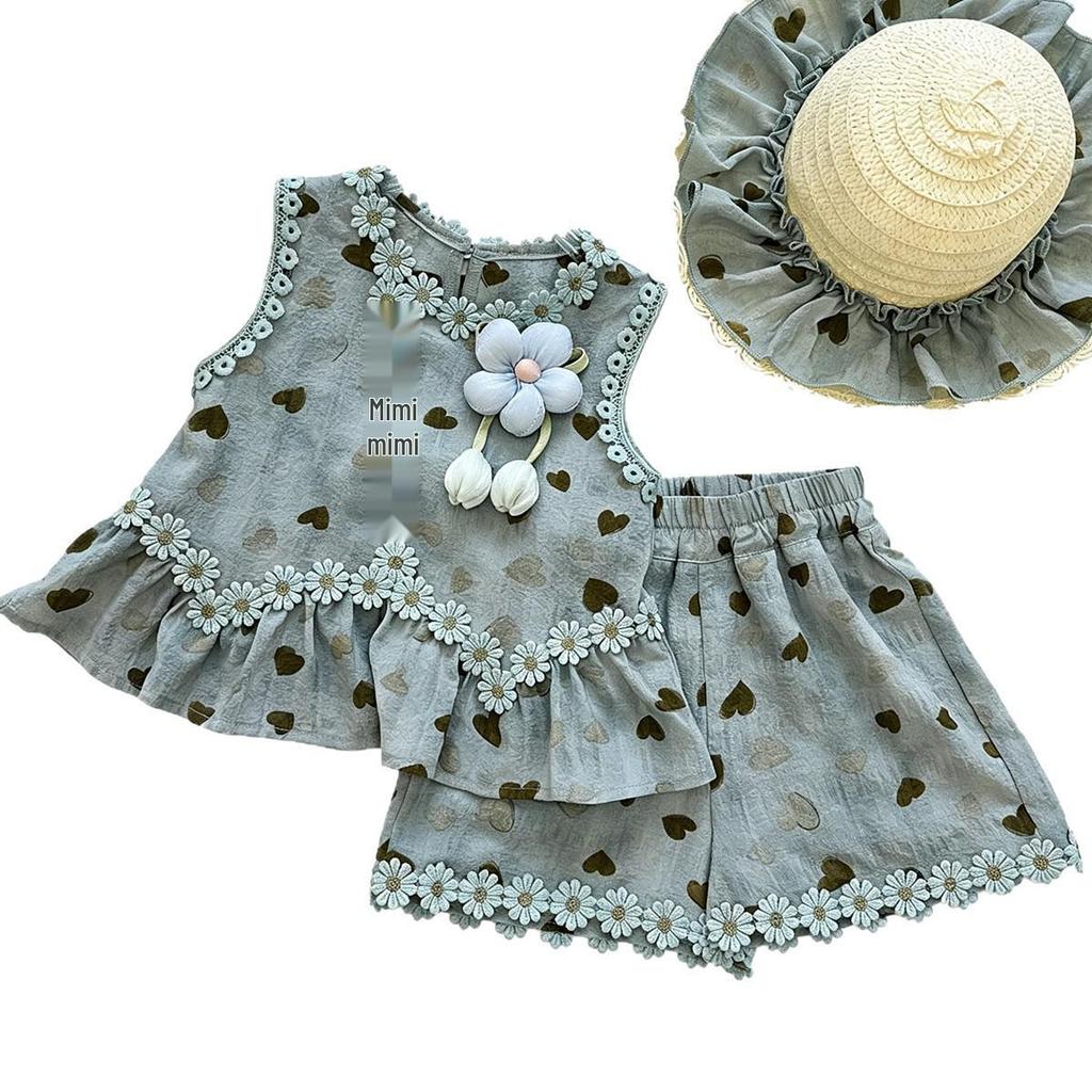 Girls' Heart & Daisy Sleeveless Vest and Floral Bow Knot Shorts Set