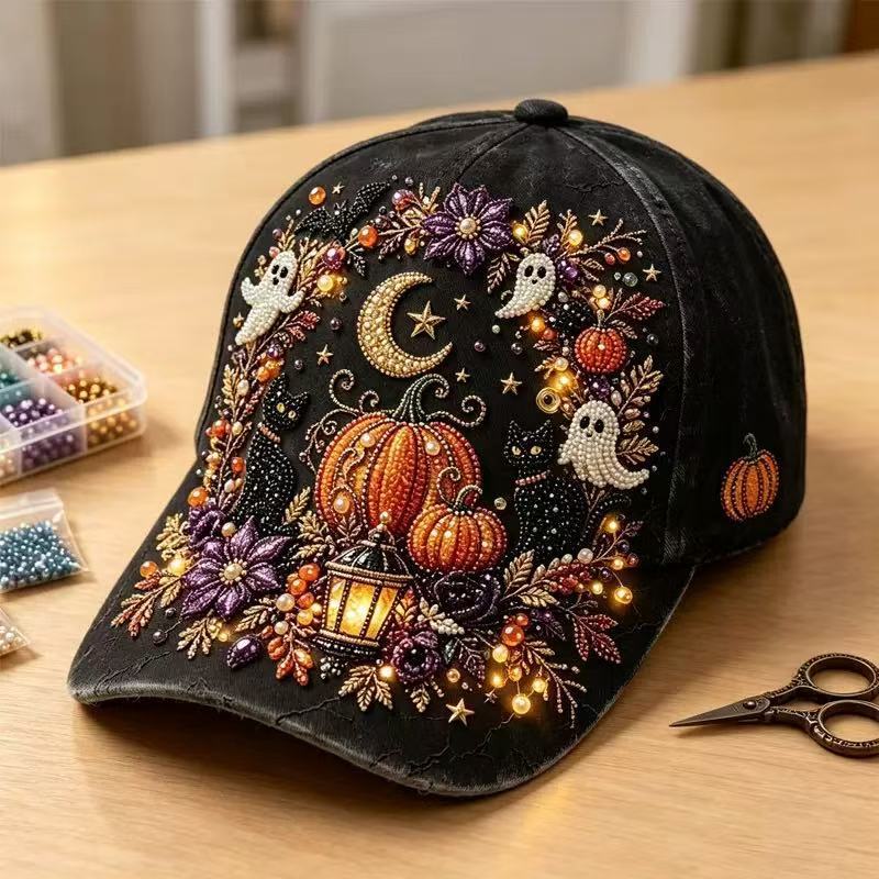 New Dark Pumpkin Big Brim Ghost 3D Printed Hat Vintage Gothic Halloween Baseball Cap