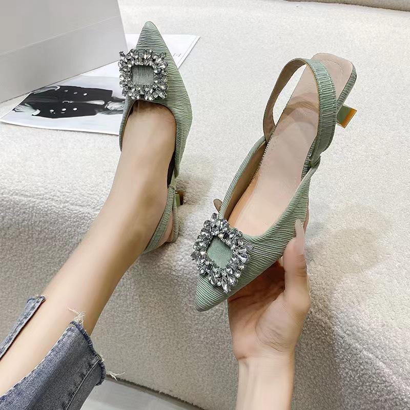 Women's Open-Toe Sandals French Fairy-Style Rhinestones Pointed Toe Back Strap Thick Heel
