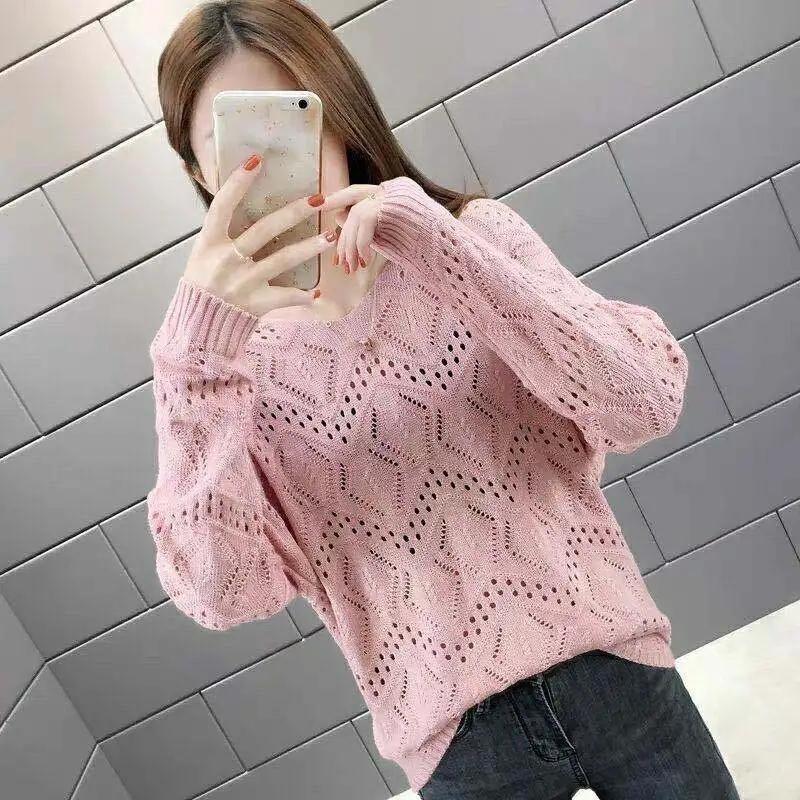 Hollow Knitted Sweater Women's Pullover Spring and Autumn V-neck Blouse Loose Outer Sweater Bottoming Shirt