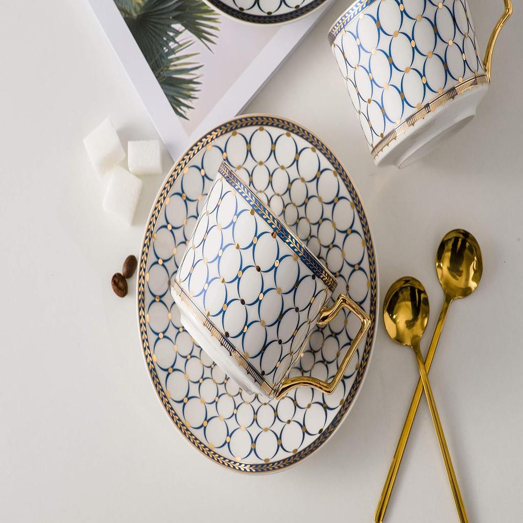 European Style White Gold Cup Set, 6.8 Oz Bone China Tea Cup with Spoon - Modern Design for Espresso, Cappuccino