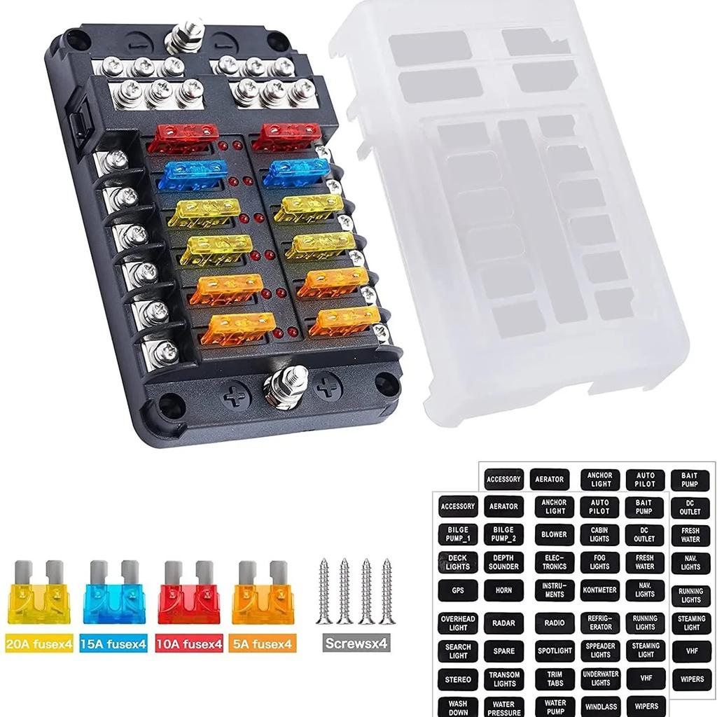 6/12 Way Blade Fuse 12-24V Car Boat Fuse Box Holder with Plastic Cover for Power Panel Board Camper RV Accessorie