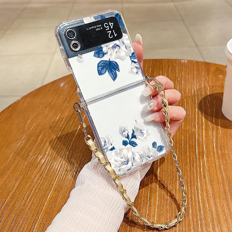Металлический ремешок-шнурок Чехол-держатель для Samsung Galaxy Z Flip7 Flip6 Flip5 Flip4 Flip 7 FE 6 5 4 3 5G Белый Цветочный узор ТПУ Задняя крышка
