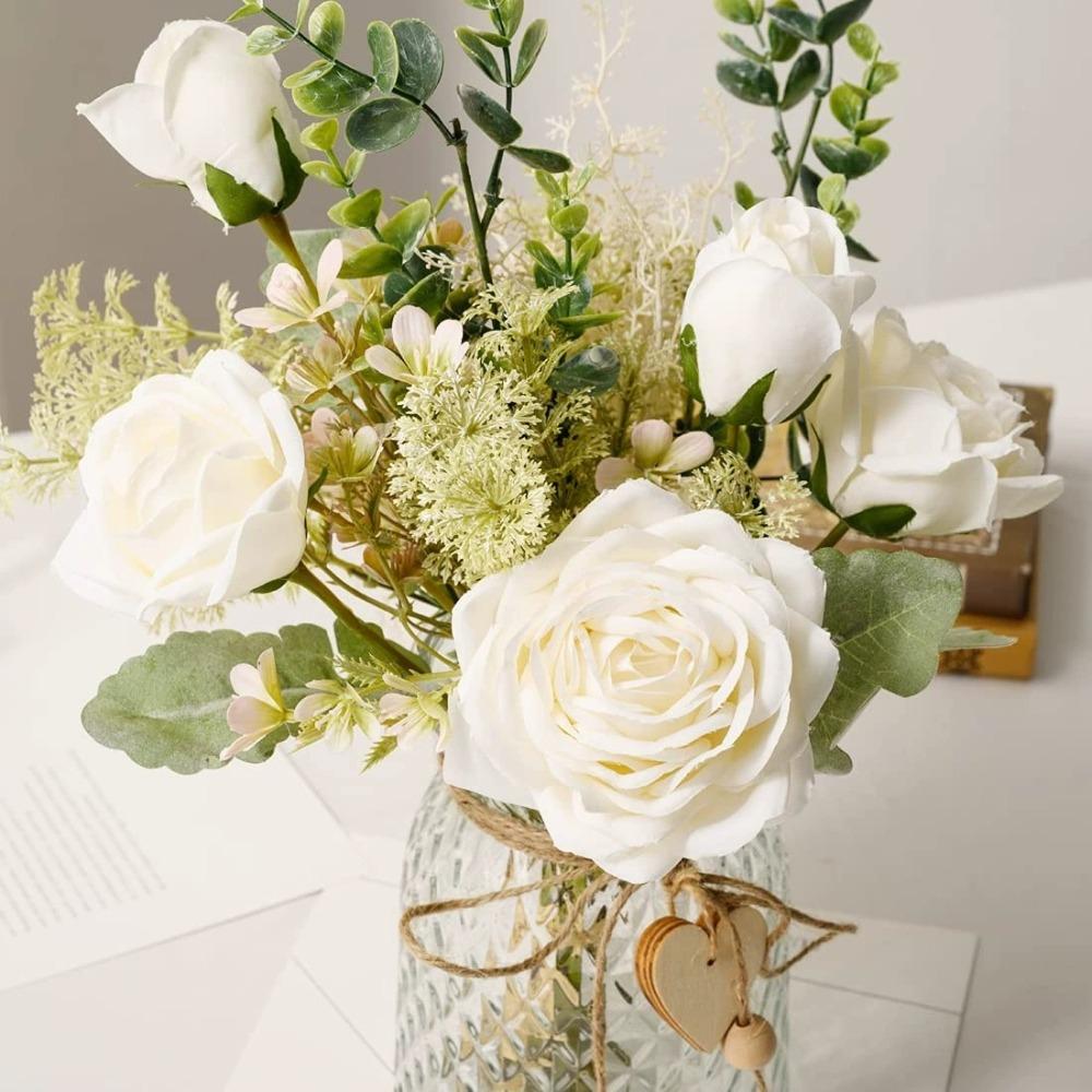 Artificial Rose Flowers White Fake Roses Bouquet Faux Flower Arrangement for Wedding Bride Bouquets Home Kitchen Garden Decoration