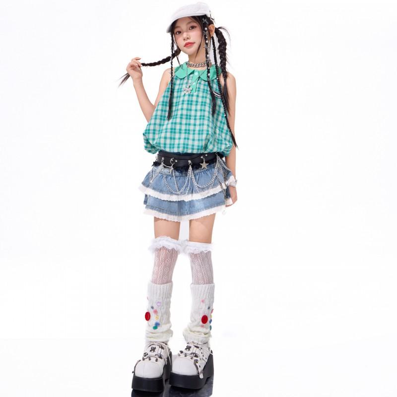 Girls Hip Hop Dance Outfit Set Short Sleeve Top Denim Mini Skirt Jazz Performance Street Style