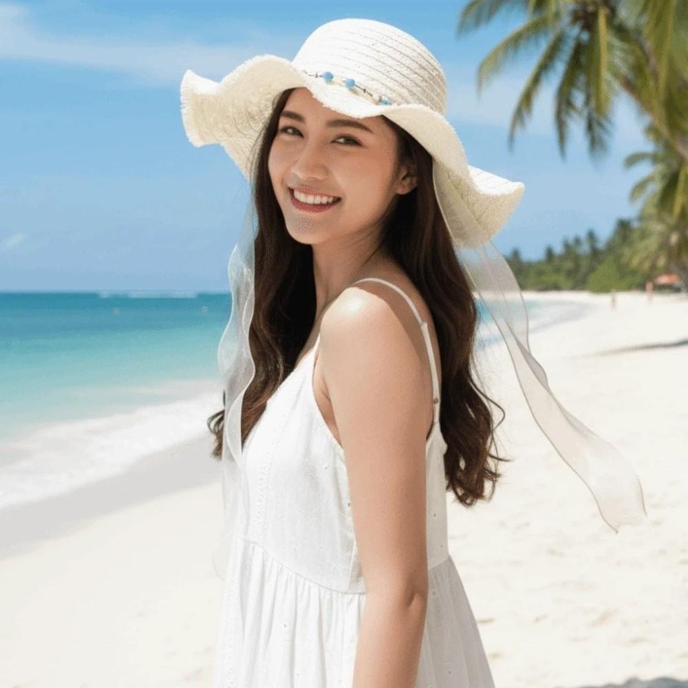 Breathable Vacation Beach Cap with Turquoise Lightweight Big Brimmed Straw Hat Sunshade Topi with Lace Woven Sun Cap Carnival