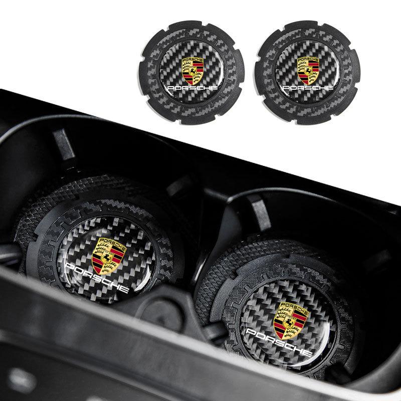 2Pcs Car Carbon fiber Non-slip Water Coaster Leather Interior Pad Holder For Porsche Cayenne Panamera Macan 911 718 Cayman 918YC3