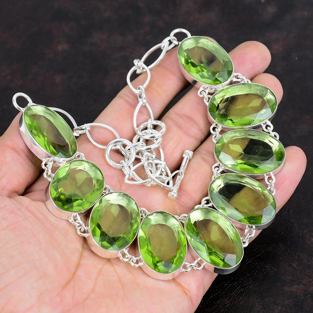 Ожерелье из граненого зеленого аметиста, ожерелье из драгоценных камней, ювелирные изделия ручной работы, ожерелье из стерлингового серебра 925 пробы, регулируемая цепочка, ожерелье, подарки для женщин