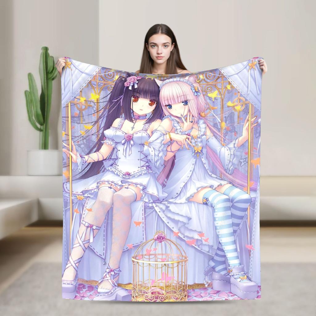 Kawaii Nekopara Anime Catgirls Blankets Fleece  Super Warm Throw Blankets for Outdoor Travel Bedroom Quilt