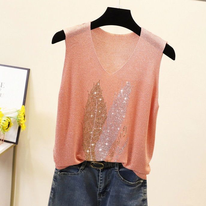Свободный внутренний плюс плюс без рукавов шелковый трикотажный топ со стразами V-образный вырез майка женская летняя