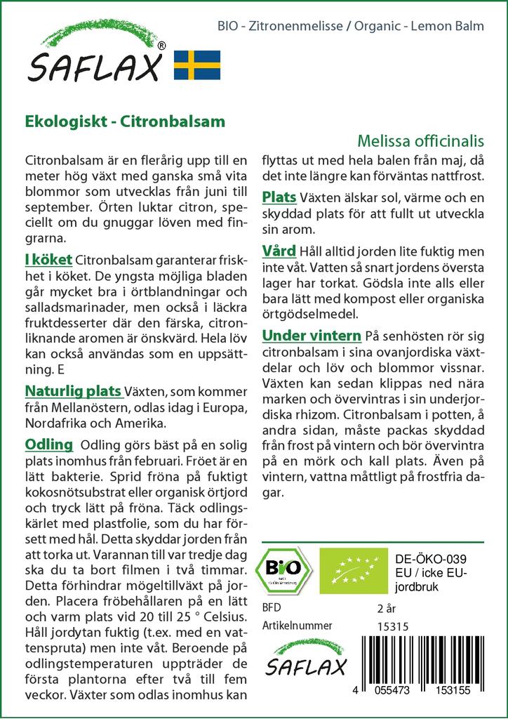 SAFLAX Garden in the Bag - Органический - Мелисса лекарственная - 1000 семян - С субстратом в подходящем стоячем пакете - Мелисса лекарственная