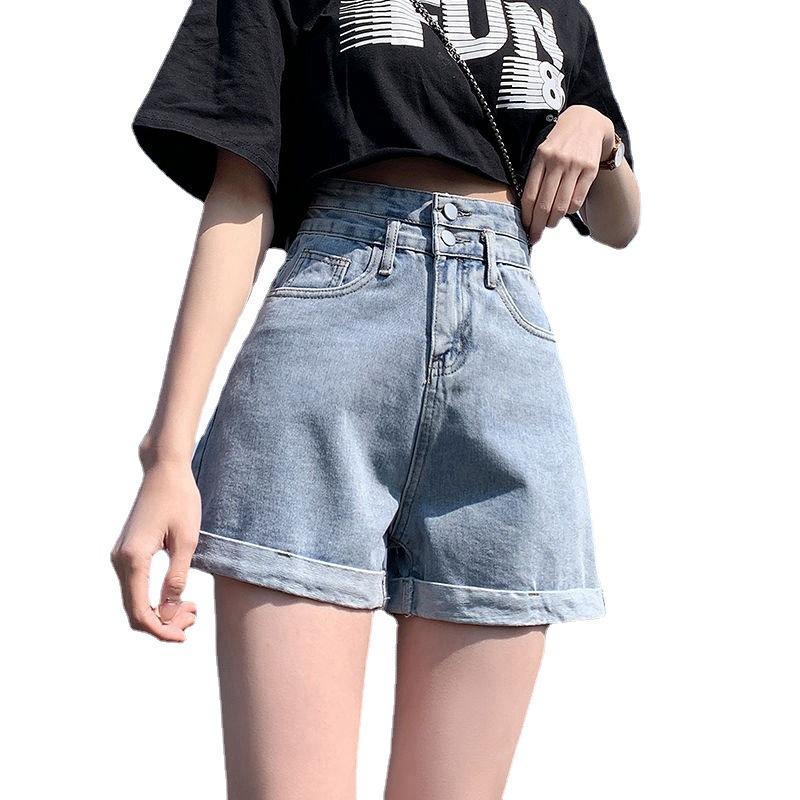 Classic and Minimalist Fashion Versatile Female Summer High-waisted Thin Outside Loose Rolled Wide-leg A Word Denim Shorts Individuality Trendiness