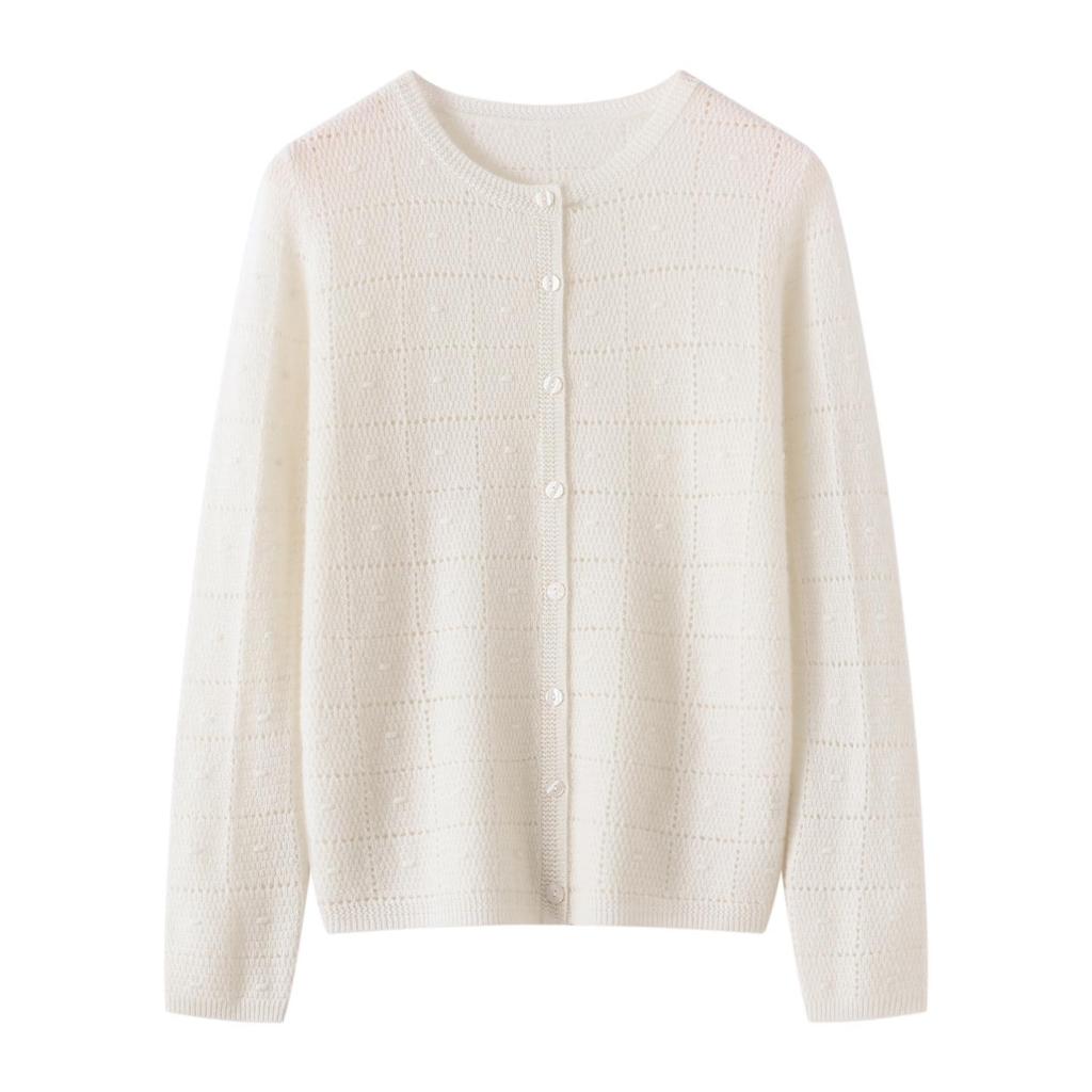 100% Cashmere 12-Gauge Plaid Hollow-Out Long-Sleeve Cardigan Coat