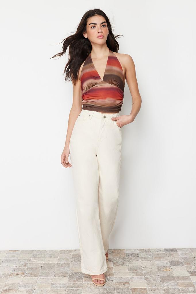 Women's Style Blouse Multicolored Halter Neck Patterned Knitted Blouse