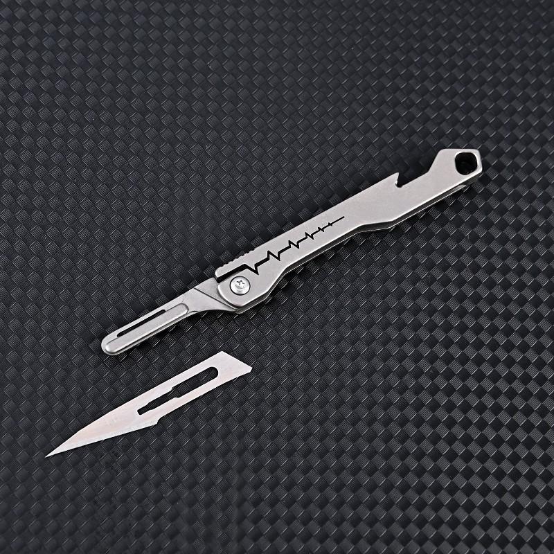 Mini Folding Knife with 10pcs Replacement Blades Titanium Alloy Pocket Knife Keychain Multitool Bottle Opener Unboxing Survival