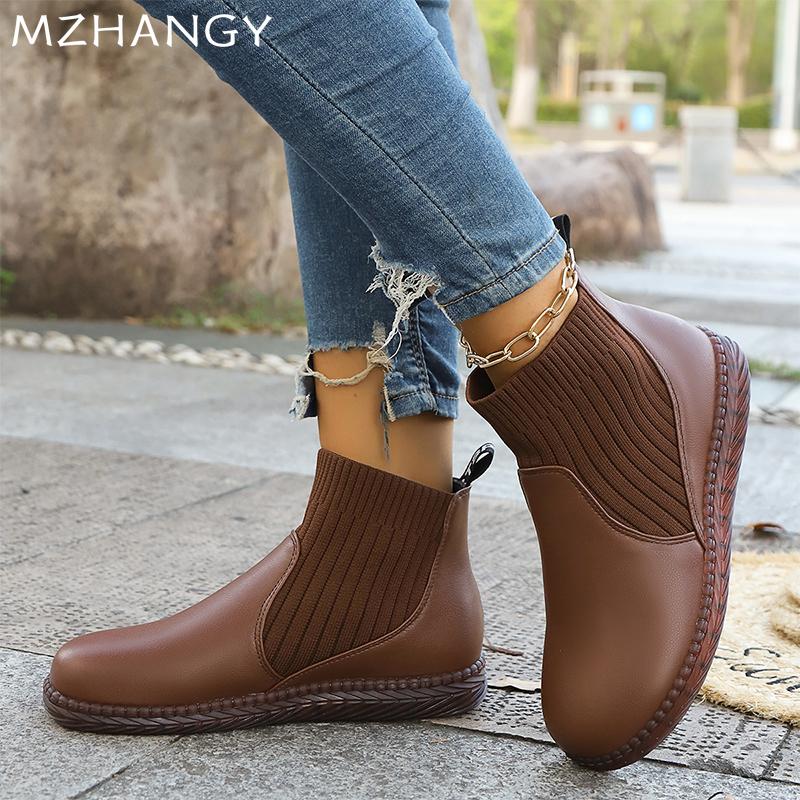 Модные балетки Женские ботильоны Повседневные Уютные для ходьбы Кожаная обувь Женская 2024 Зима Новый бренд Элегантное платье Модные Челси Ботас Мухер