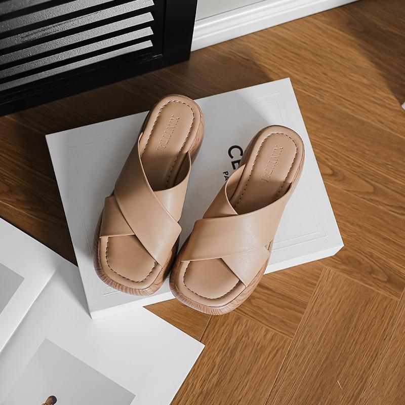 Wood grain thick heel thick sole cross with slippers women's summer new holiday slope heel waterproof table soft sole Roman sandals