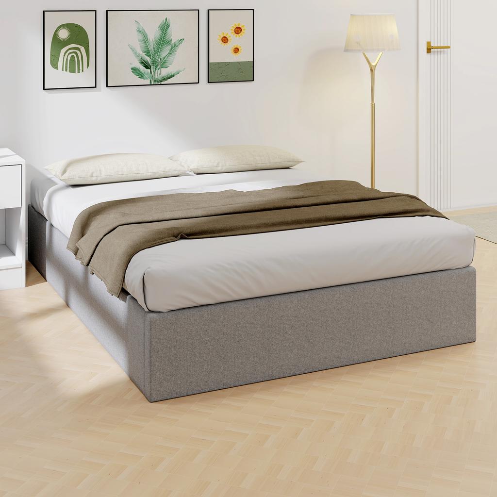 Double Storage Bed 190x140 cm, Wooden Slats, Gas Piston and Fabric Upholstery, Grey