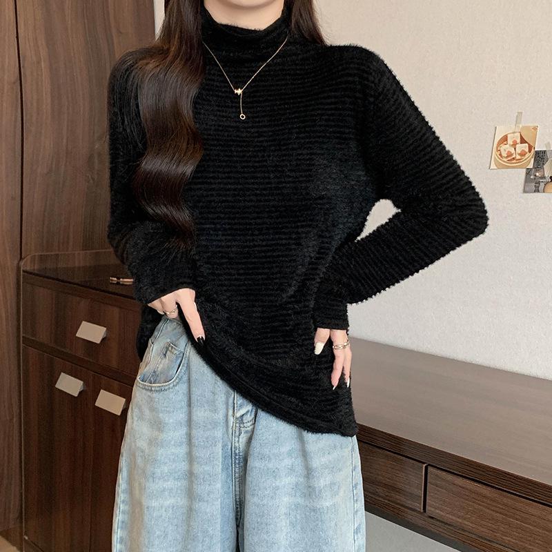 Women's Winter 2022 Mink Velvet Lace Shirt - Slim Fit, Half-High Collar, Solid Color Top