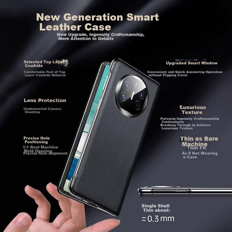 Phone Case for Huawei Mate60 Pro, Mate60 Pro Protective Cover, Genuine Leather Flip Smart View Window Glass Luxury Full Protection Shockproof Case