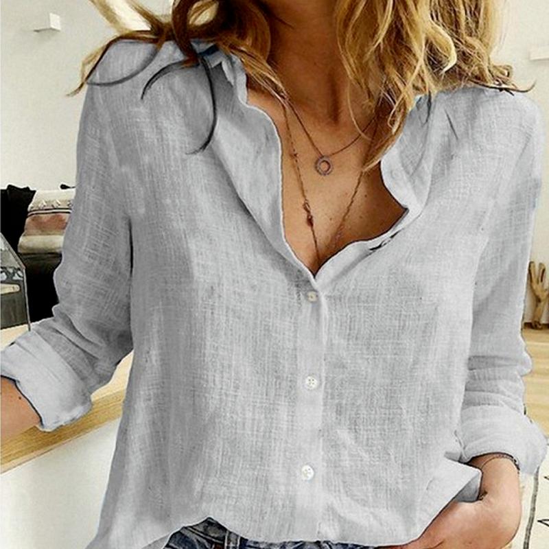 Плюс размер модная весенне-осенняя женская повседневная блузка кардиган льняная рубашка с длинными рукавами офисные женские туфли