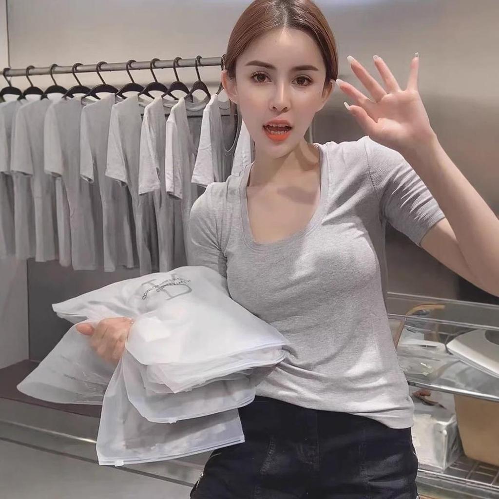 Футболка облегающего кроя розового цвета в корейском стиле 2025 года: Девять цветов, овальный воротник, короткие рукава, универсальный, прошитый хлопок для чистого желания