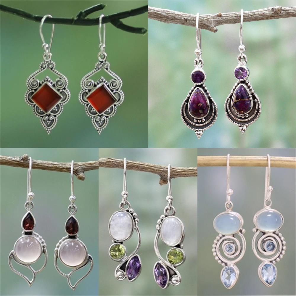 gift Dangle Hook Vintage Jewelry Multi-Gemstone Ear Stud Moonstone Earrings Amethyst Turquoise