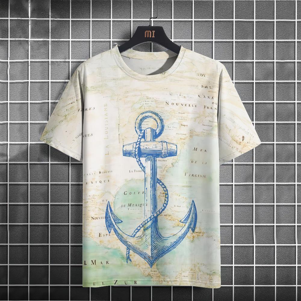 Мужская футболка в стиле ретро с 3d принтом «Якорь лодки» Футболки с короткими рукавами Топы с морским принтом Свободная футболка большого размера с коротким рукавом для мужчин