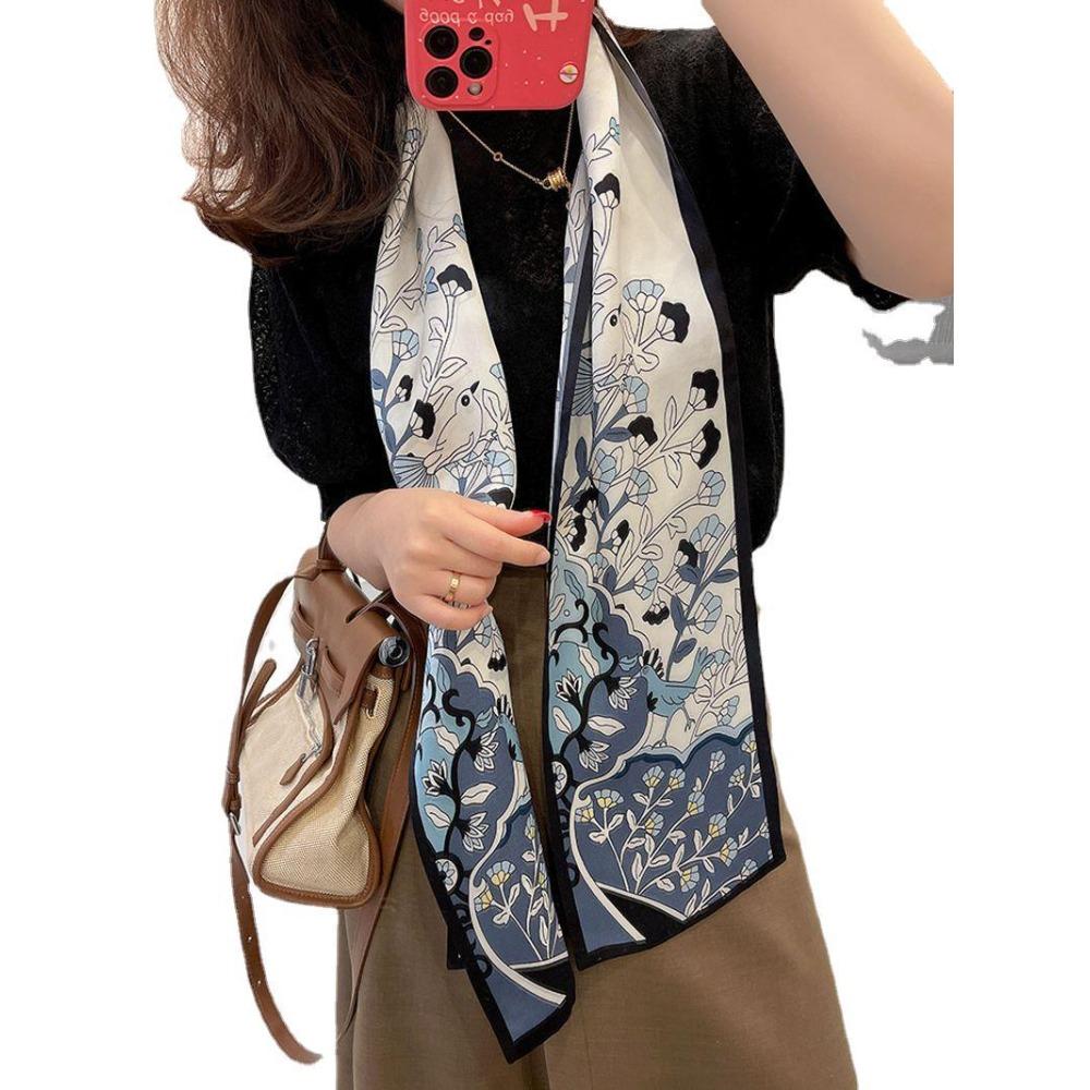 Elegant Temperament Mulberry Silk Silk Scarf Women'S Autumn Style Foreign Style Versatile Flower Double-Layer Double-Sided Silk Scarf Streamer