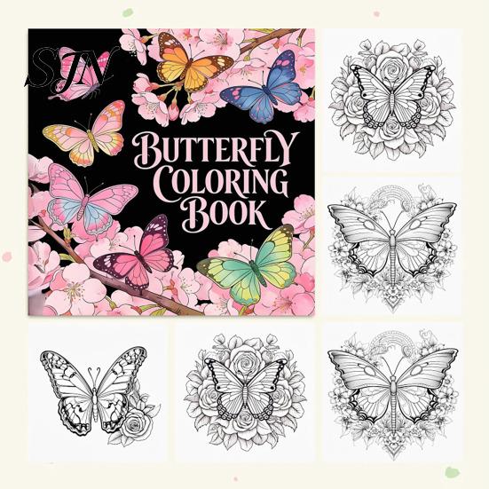 Butterfly Theme Coloring Art Book for Adults And Kids, Compact Size with Adult Stress Relief Thick Cotton Pulp Paper, Floral Patterns Drawing