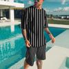 Summer Men's New Two-Piece Short Sleeve + Shorts Casual Black and White Striped Print Simple Fashion Outdoor Men's Luxury Suit