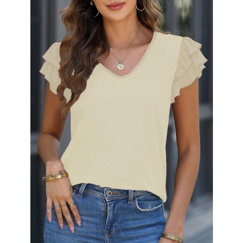 Женские модные повседневные летние весенние однотонные блузки и рубашки с v-образным вырезом и короткими рукавами с принтом