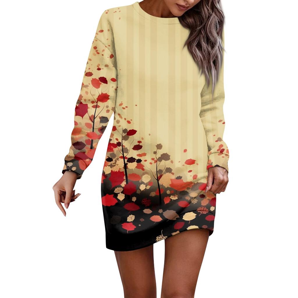 Платье с длинным рукавом для женщин, повседневное пуловер с принтом, платье-свитер, осень