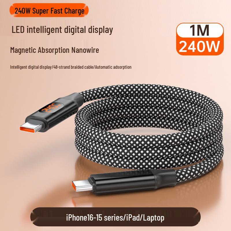 Магнитный кабель Magic Rope 6A, двухцветная оплетка для Apple 15 и Huawei, сверхбыстрая зарядка 240 Вт.