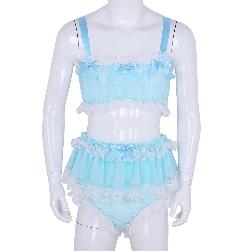 Men's Ruffled Frilly Lace Satin Sissy Lingerie Set Bra Skirted Panties Bloomer Underwear