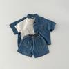 Korean Version Short Sleeved Denim Shirt Shorts Set Boys Girls Summer Fashionable Two Piece Set