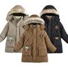 Winter New Boys Jacket Solid Color Lining Plush Keep Warm Fur Collar Hooded Zipper Outerwear For 4-10Y Teen Kids Snowsuit