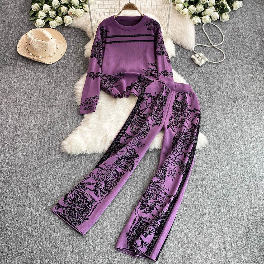 Осенне-зимний элегантный женский комплект одежды для отдыха из 2 предметов, трикотажные брюки, дизайнерский винтажный вязаный свитер с цветочным принтом