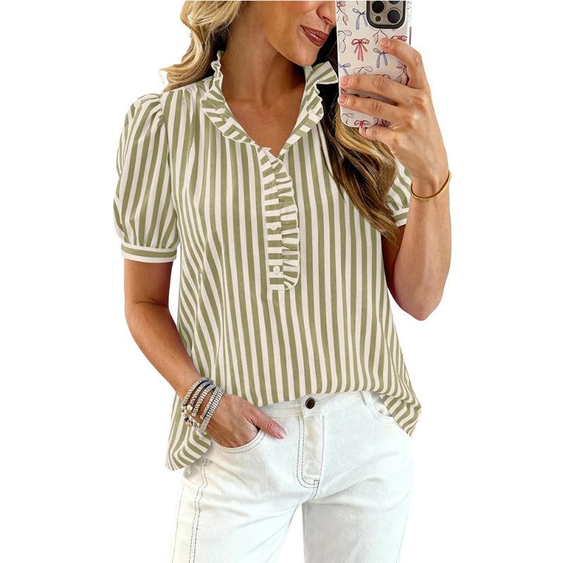 Womens Striped Ruffle V Neck Puff Sleeve Blouse