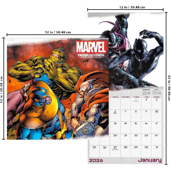 Marvel Герои и Вилла Календарь 2026 - Делюкс Настенный Календарь Marvel Супергерои 2026 Комплект с Мстителями и Людьми Икс Плюс Более 100 Напоминаний