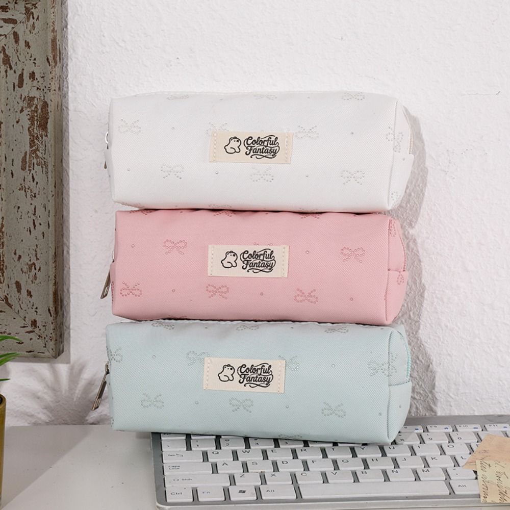 Pastel Color Pen Bag Bow Embroidery Pencil Pouch Durable Pencil Case  Students