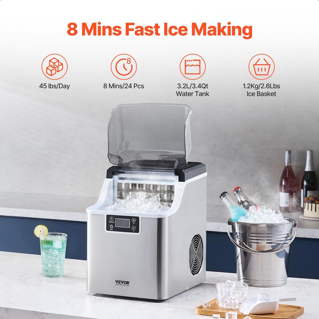 VEVOR Countertop Ice Maker, 24 Cubes Ready in 15 Mins, 45lbs in 24Hrs, Self-Cleaning Portable Ice Maker with Ice Scoop and Basket