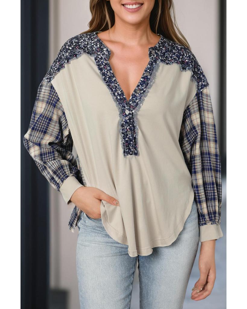 Azura Exchange Blue Floral Plaid Mixed Print Bishop Sleeve Patchwork Top