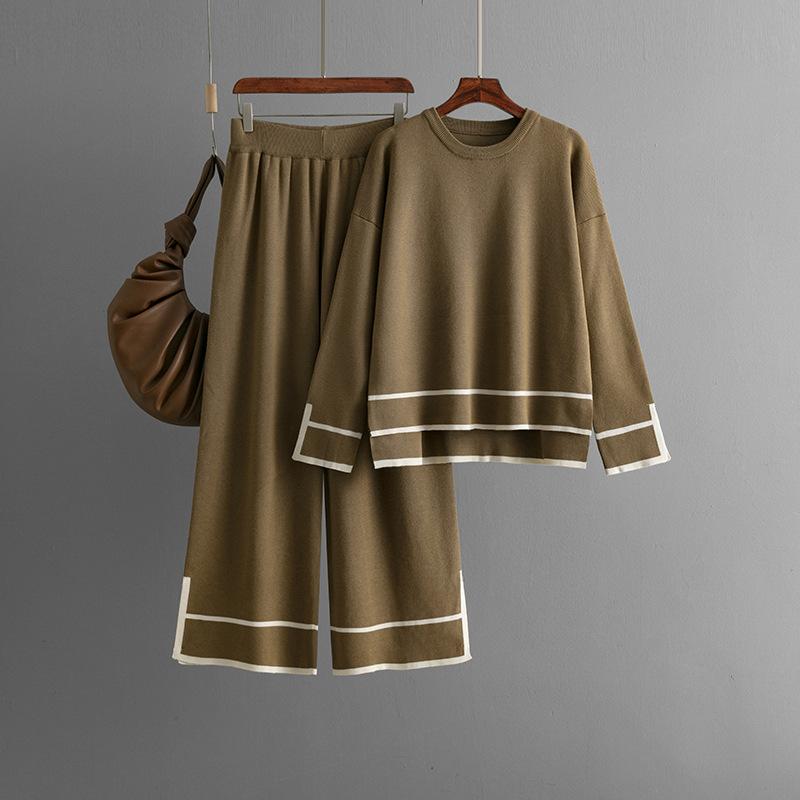 Winter Multicolor Oversize Sets Loose Split Sweater+Solid Wide Legs Long Pants Autumn Fashion Casual Women 2pc Suits